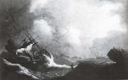 A ship running on to rocks in a violent storm